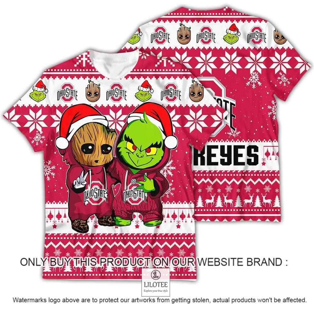 NCAA Ohio State Buckeyes Baby Groot and Grinch Christmas 3D Shirt - LIMITED EDITION 12