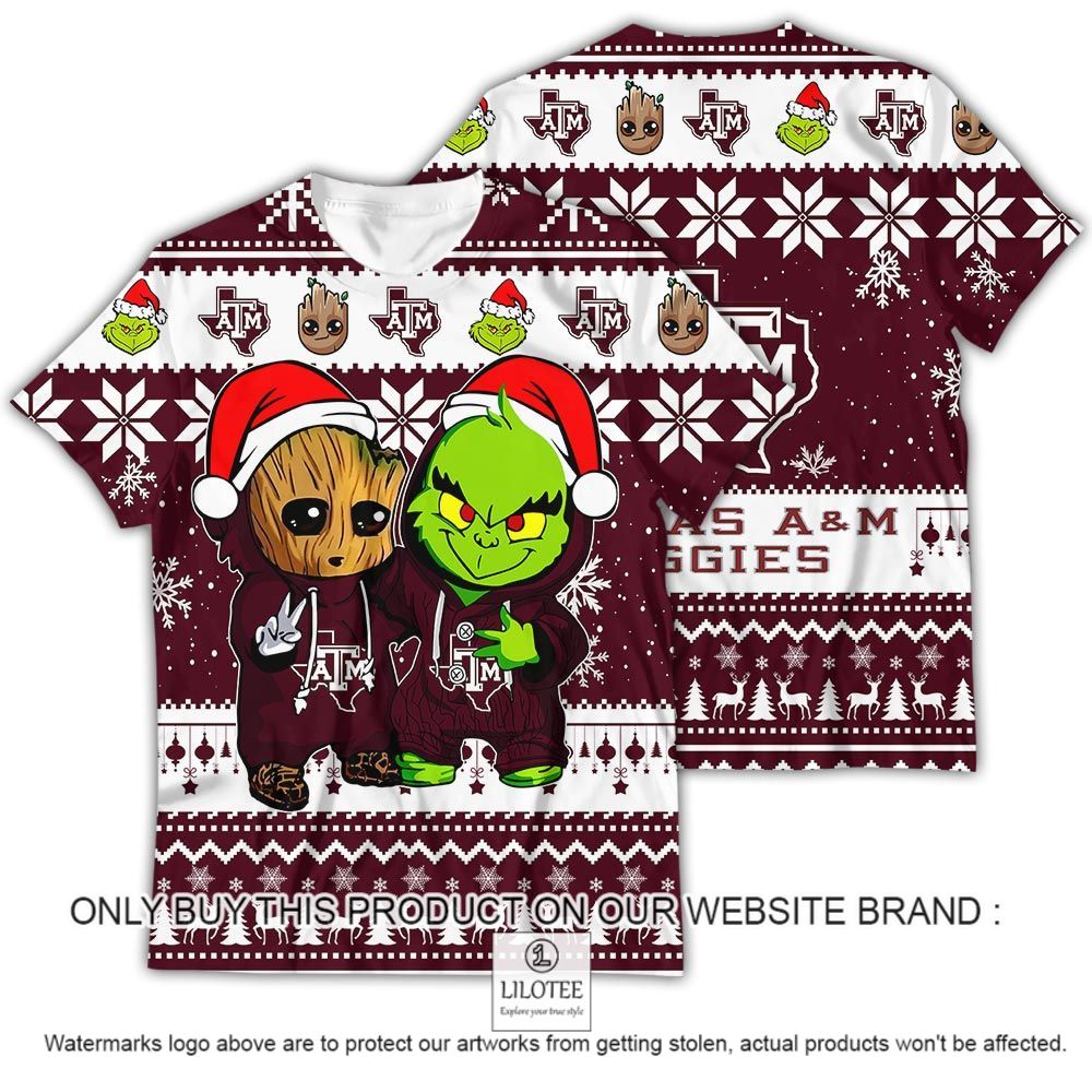 NCAA Texas A&M Aggies Baby Groot and Grinch Christmas 3D Shirt - LIMITED EDITION 12