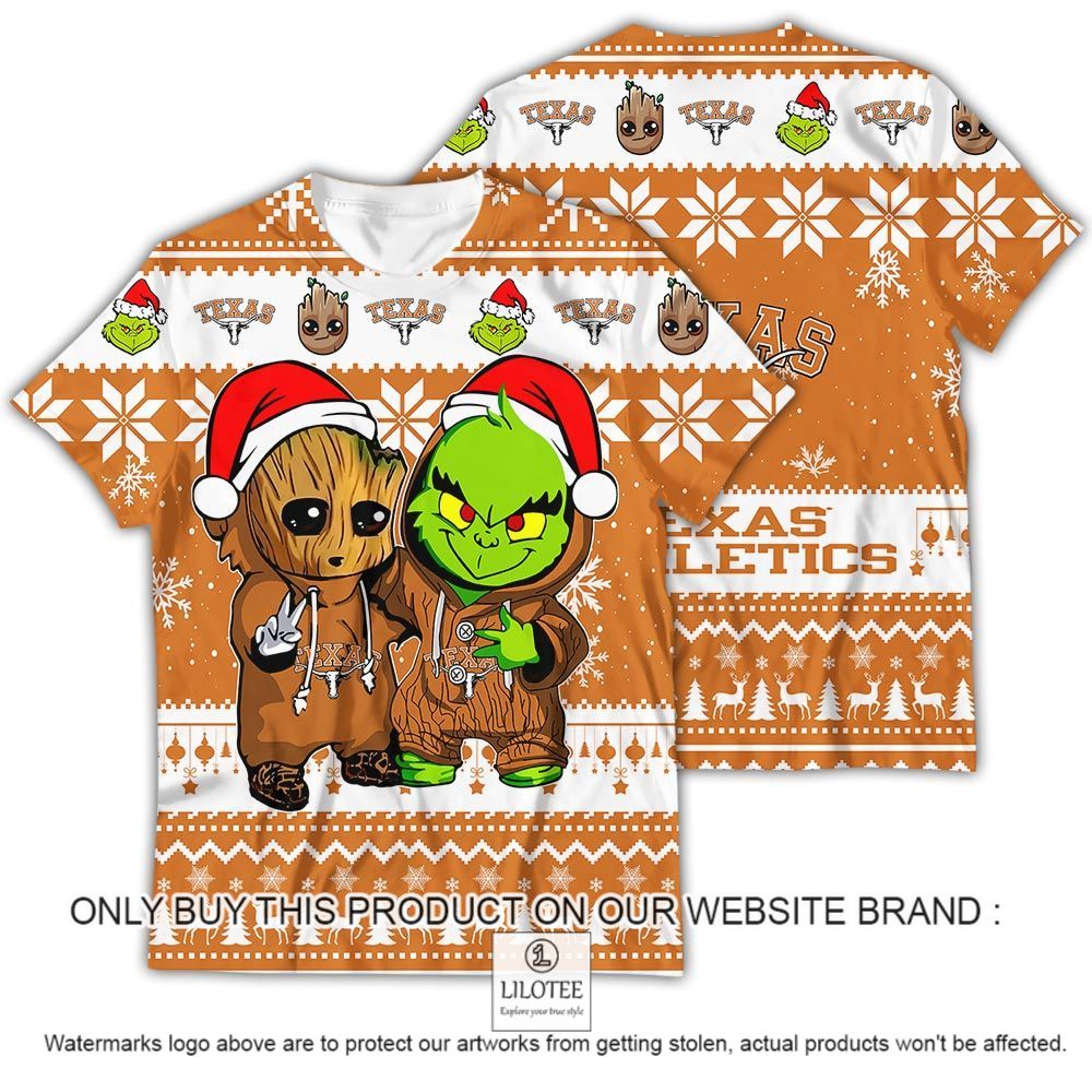 NCAA Texas Longhorns Baby Groot and Grinch Christmas 3D Shirt - LIMITED EDITION 13