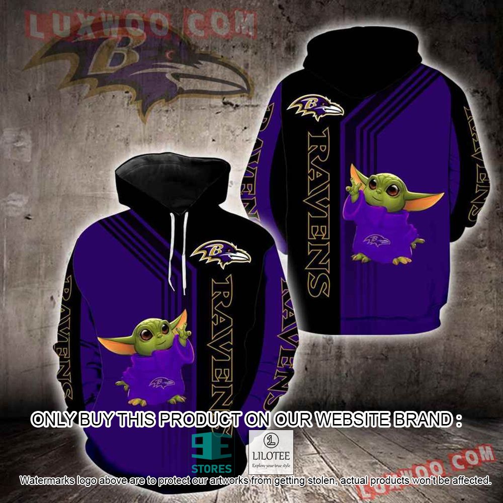 NFL Baltimore Ravens Baby Yoda Purple Black 3D Hoodie - LIMITED EDITION 10