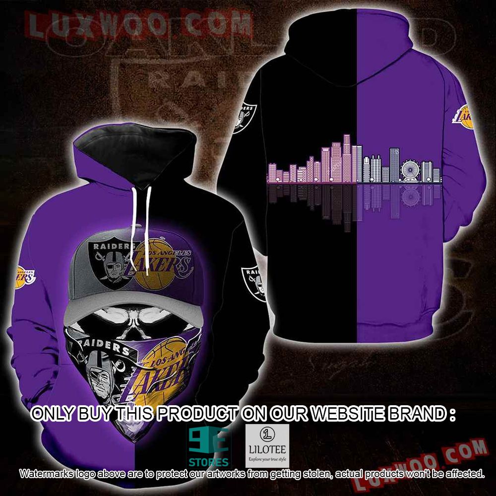 NFL Oakland Raiders And Los Angeles Lakers Skull Cap Purple Black 3D Hoodie - LIMITED EDITION 11