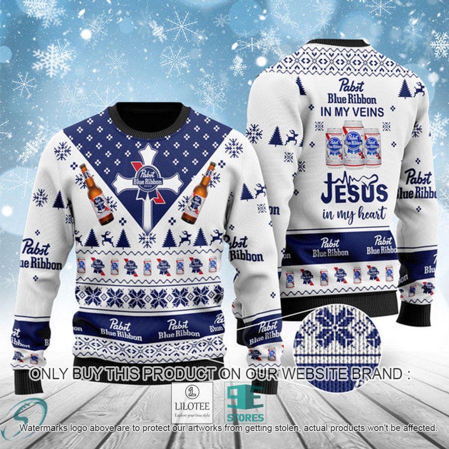 Pabst Blue Ribbon In My Veins Jesus In My Heart Ugly Christmas Sweater - LIMITED EDITION 9
