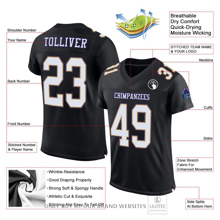 Alternative view of Personalized Black White Old Gold-Purple Football Jersey - LIMITED EDITION