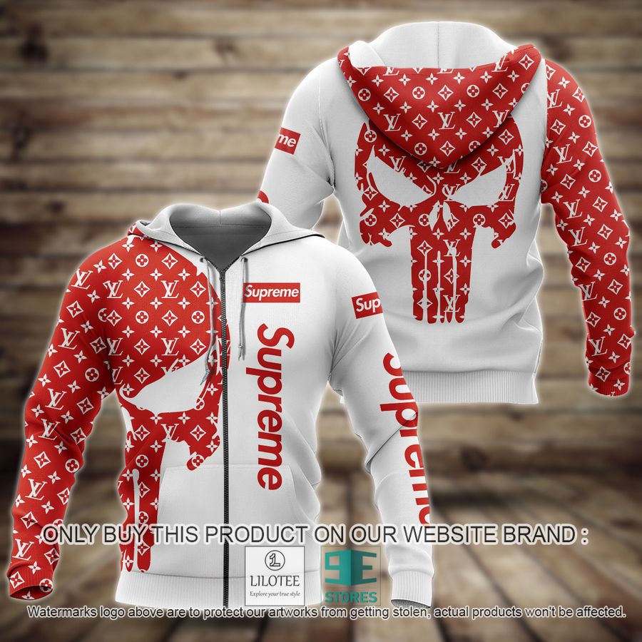 Punisher Skull Supreme Louis Vuitton white red 3D Hoodie - LIMITED EDITION 8