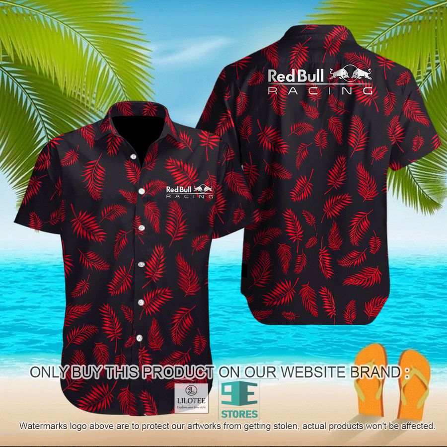 Red Bull Racing Leaf Pattern Black Hawaiian Shirt 8