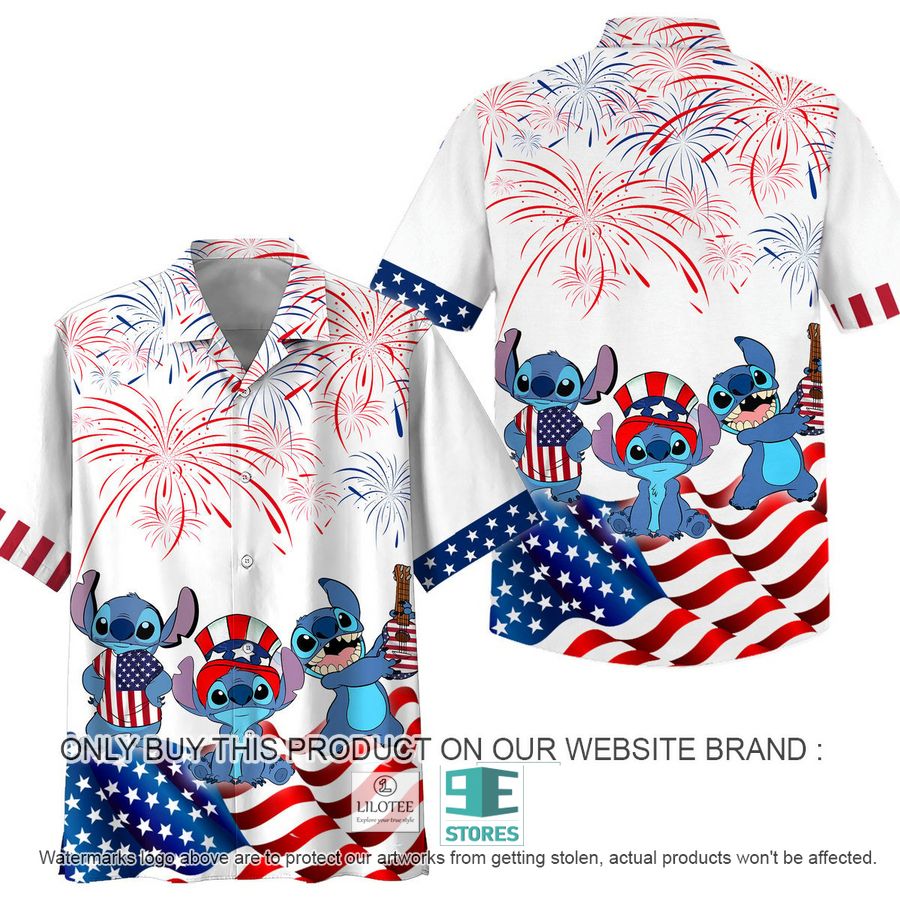 Stitch US Flag Firework White Hawaiian Shirt 7