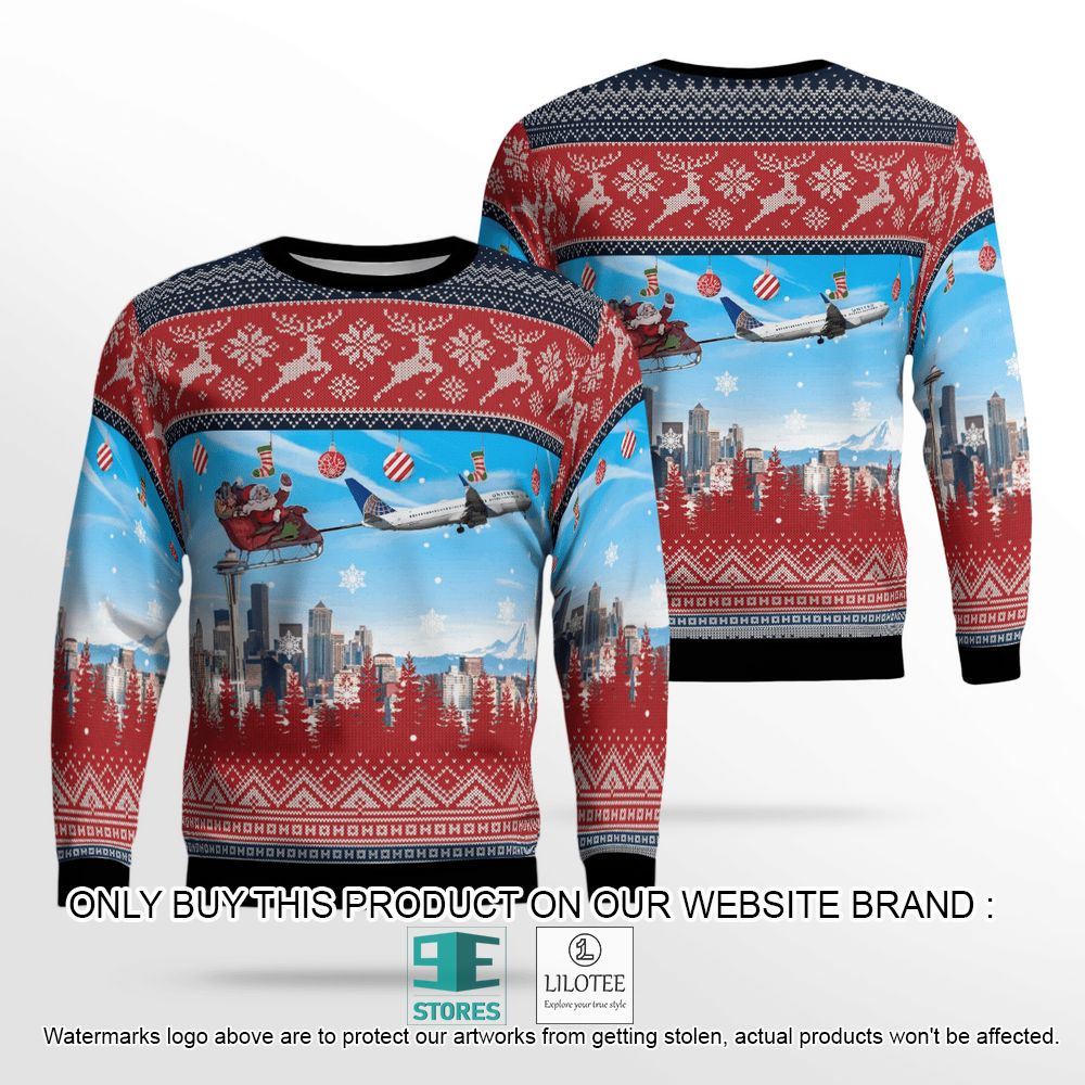 United Airlines Boeing 737-824 With Santa Over Seattle Christmas Wool Sweater - LIMITED EDITION 12