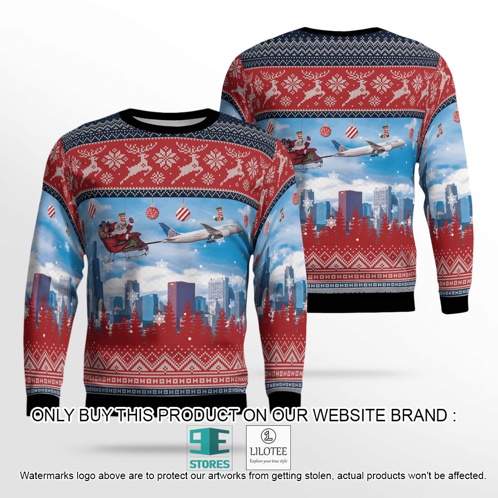 United Airlines Boeing 787 Dreamliner With Santa Over Chicago Christmas Wool Sweater - LIMITED EDITION 13