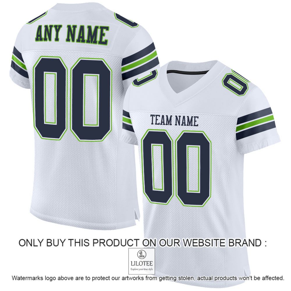 White Navy-Neon Green Mesh Authentic Personalized Football Jersey - LIMITED EDITION 10