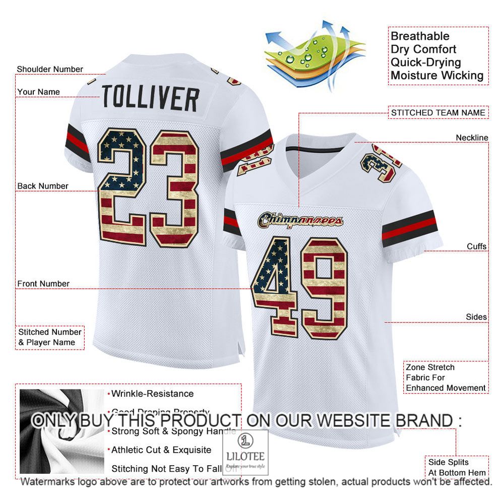 Alternative view of White Vintage USA Flag-Black Mesh Authentic Personalized Football Jersey - LIMITED EDITION