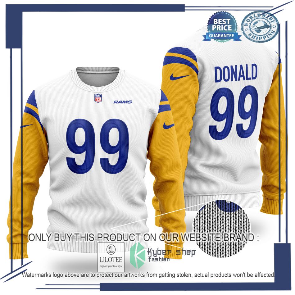 aaron donald 99 los angeles rams nfl white yellow wool sweater 1 60207
