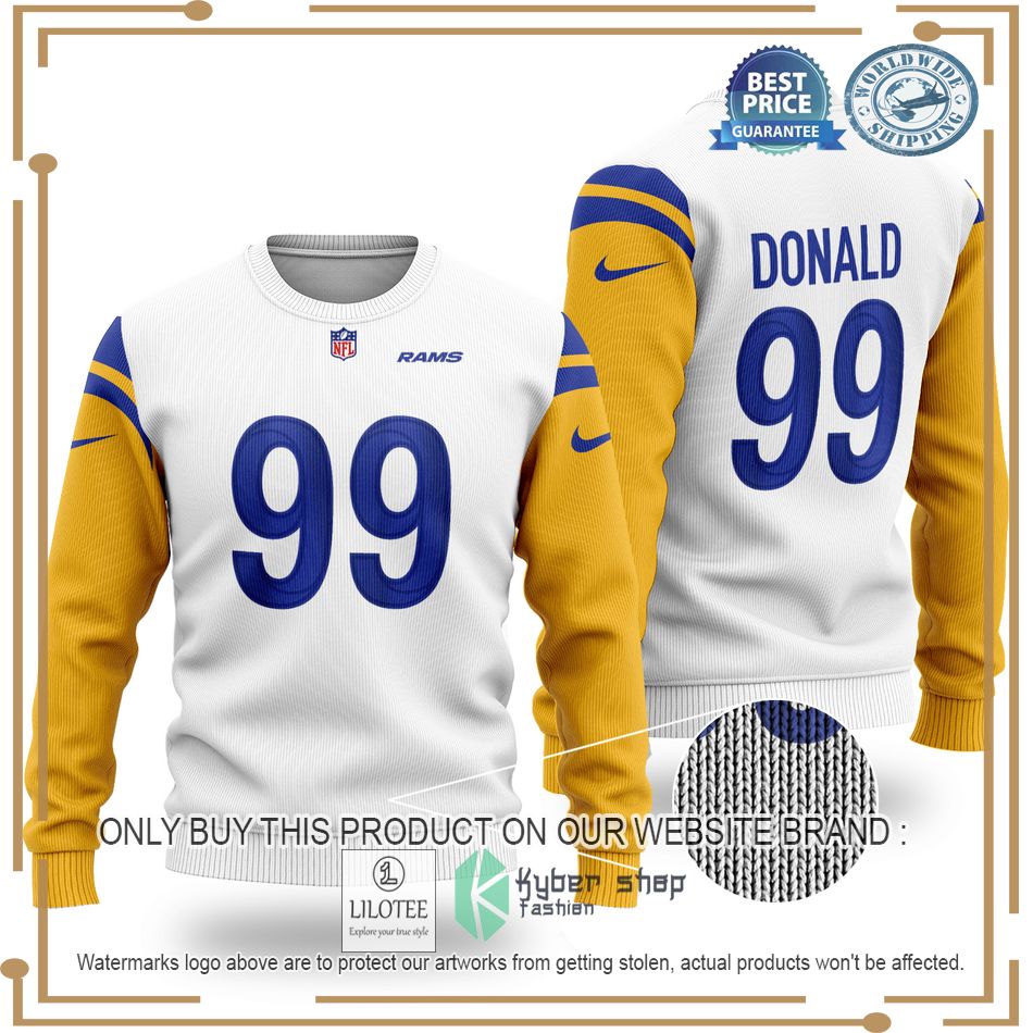 aaron donald 99 los angeles rams nfl white yellow wool sweater 1 72732