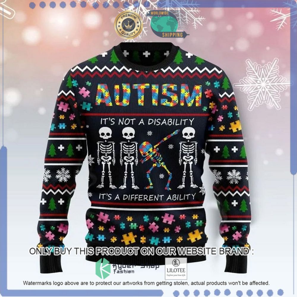 autism its not a disability its a different ability skull christmas sweater 1 44150