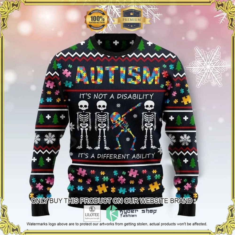 autism its not a disability its a different ability skull christmas sweater 1 49096