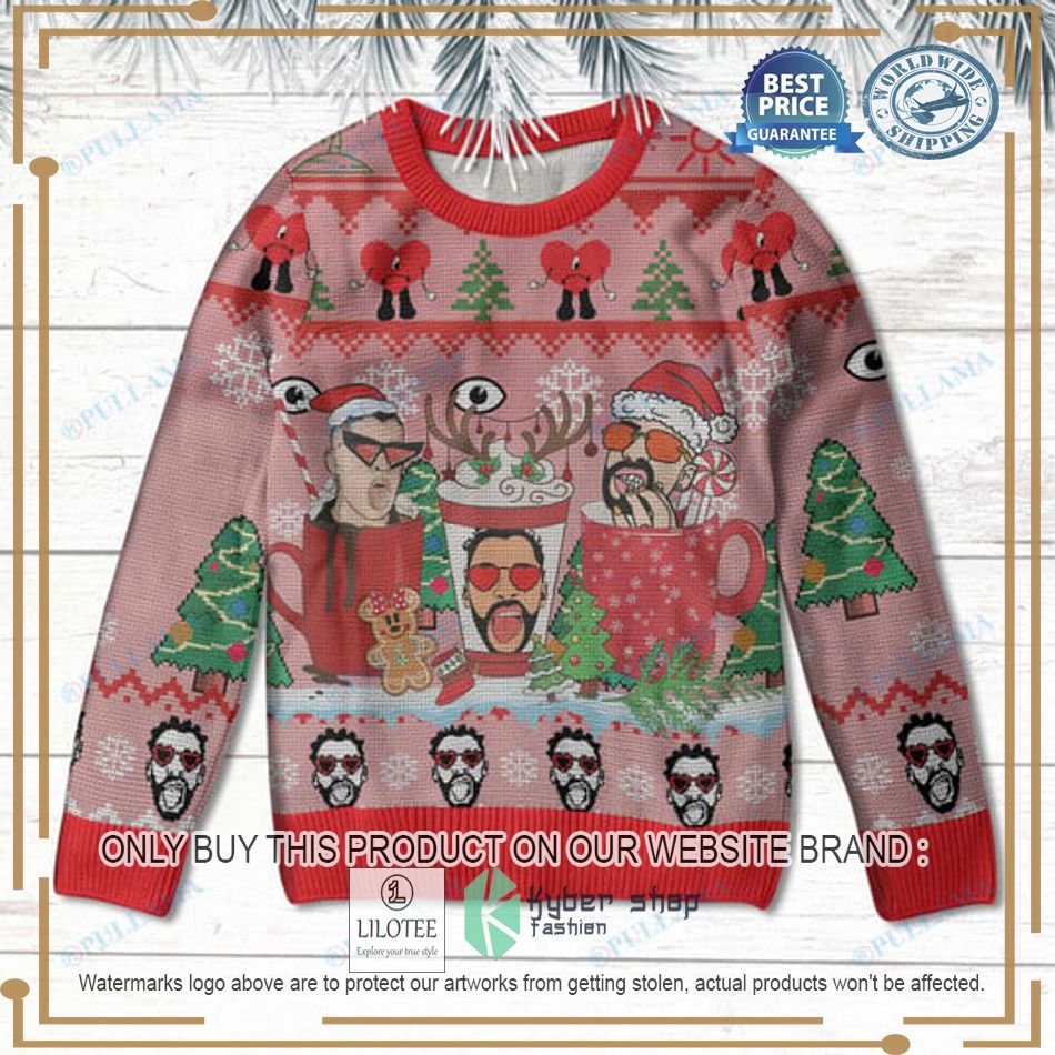 bad bunny cups pink ugly christmas sweater 2 21760