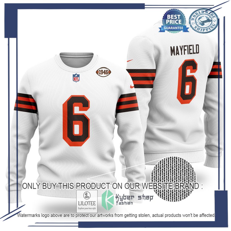 baker mayfield 6 cleveland browns nfl white wool sweater 1 4519