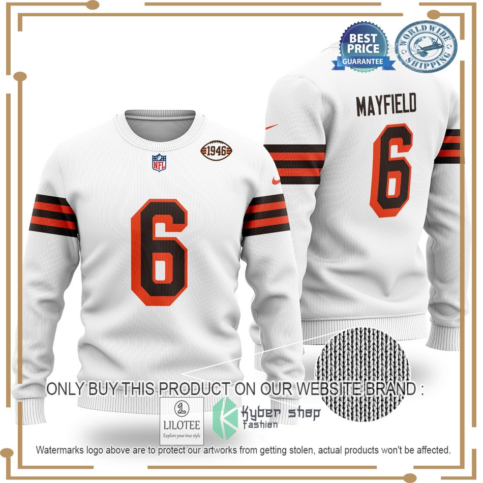 baker mayfield 6 cleveland browns nfl white wool sweater 1 67304