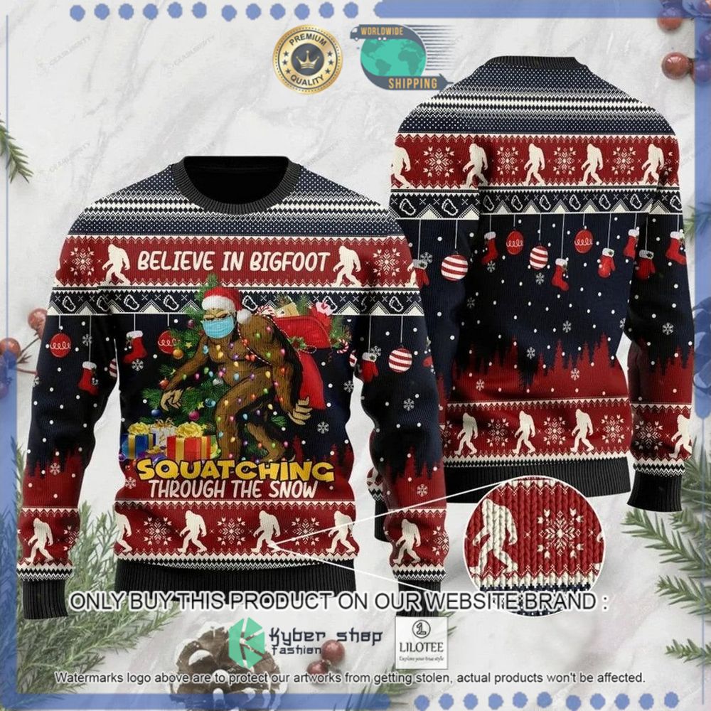 believe in bigfoot squatching through the snow christmas sweater 1 48985