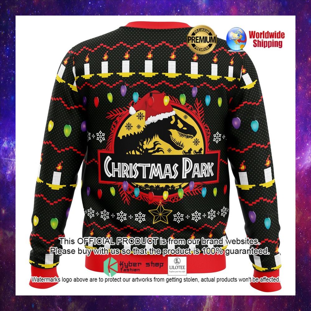 christmas park jurassic park santa hat christmas sweater 1 389