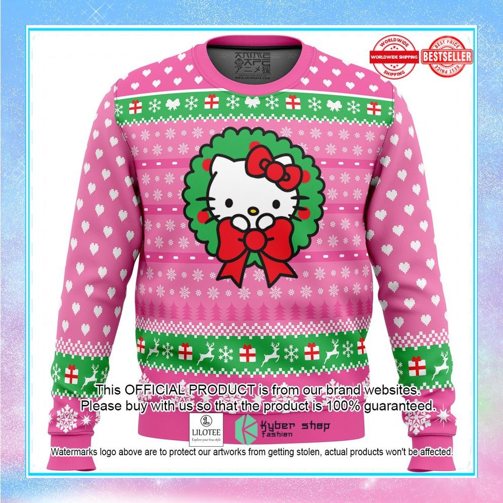 christmas wreath hello kitty ugly christmas sweater 1 144