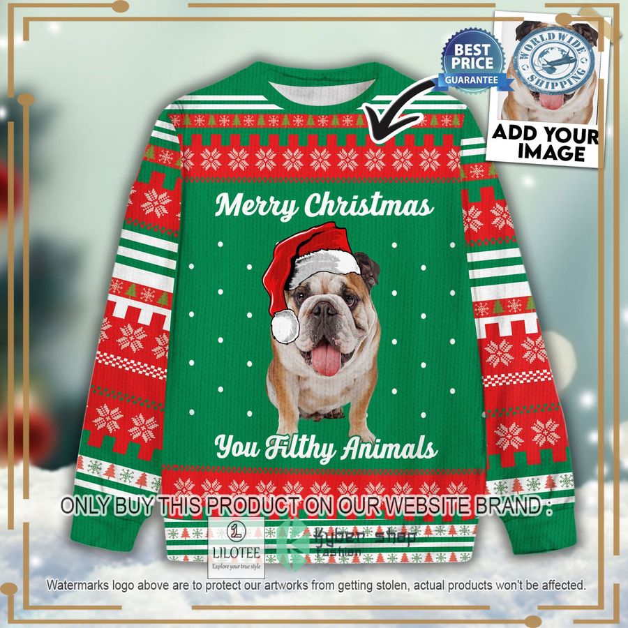 custom pet photo merry christmas you filthy animals green christmas sweater 1 61859