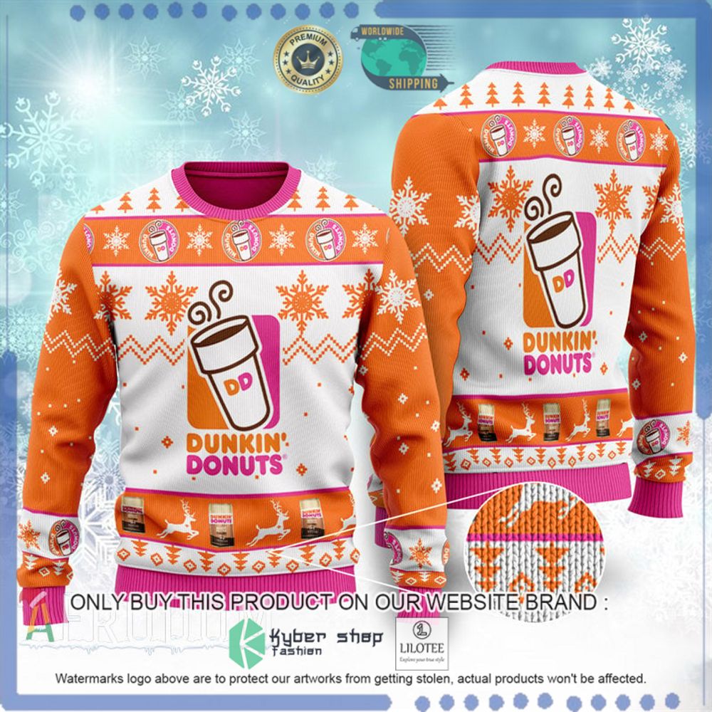 dunkin donuts pink white orange christmas sweater 1 7439