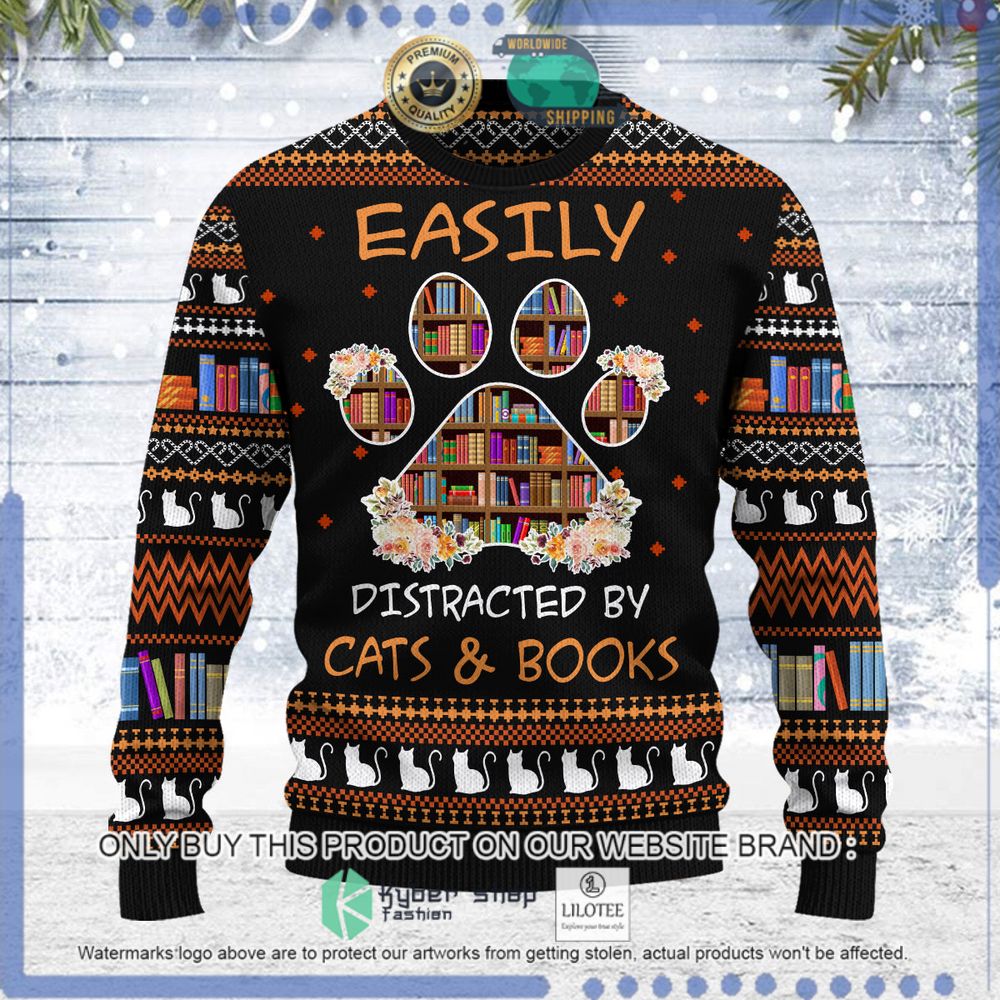 easily distracted by cats and books christmas sweater 1 56276