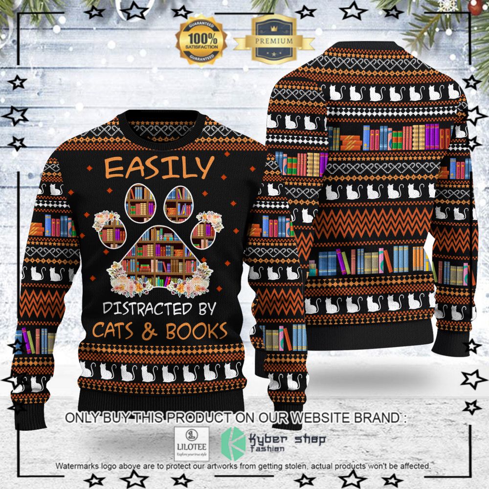 easily distracted by cats and books christmas sweater 1 86527