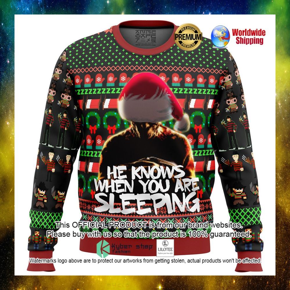 freddy krueger santa hat he knows when you are sleeping christmas sweater 1 375