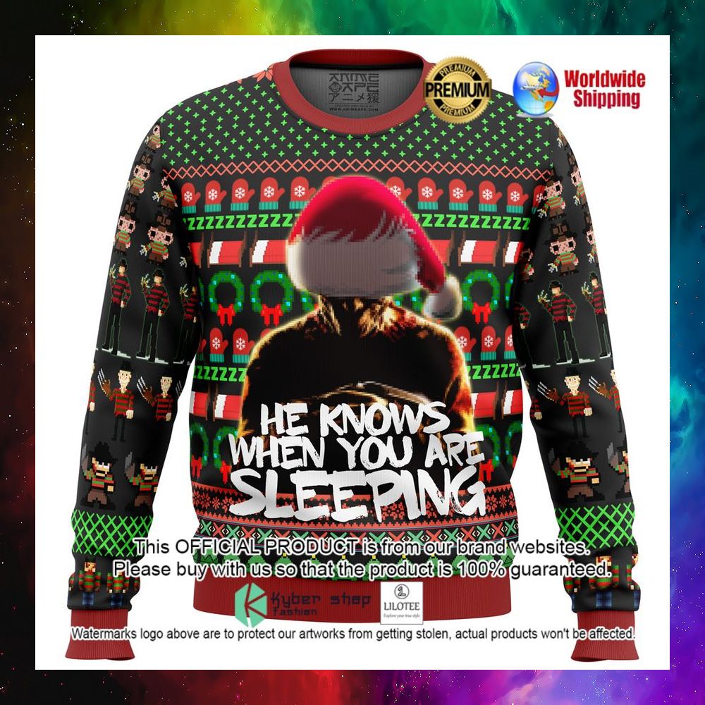 freddy krueger santa hat he knows when you are sleeping christmas sweater 1 544