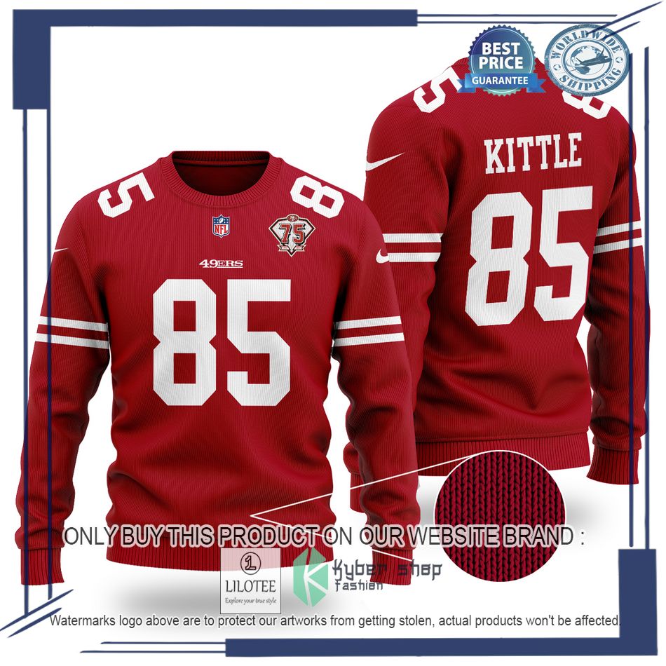 george kittle 85 san francisco 49ers 75 years nfl red wool sweater 1 46285