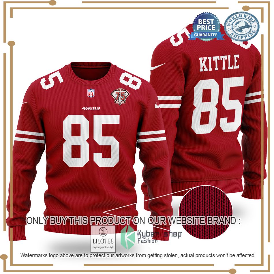 george kittle 85 san francisco 49ers 75 years nfl red wool sweater 1 78623