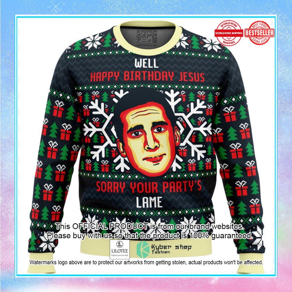 happy birthday jesus sorry your partys lame the office christmas sweater 1 791