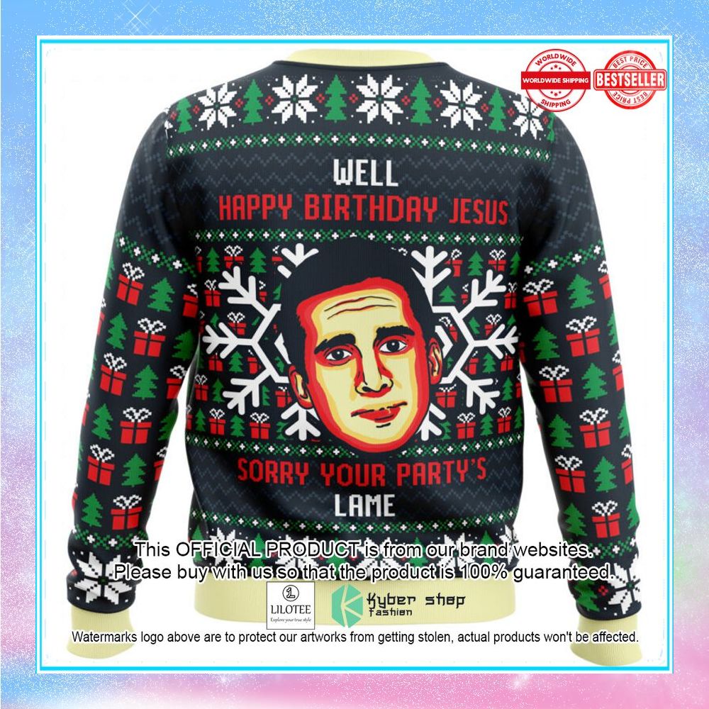 happy birthday jesus sorry your partys lame the office christmas sweater 2 850
