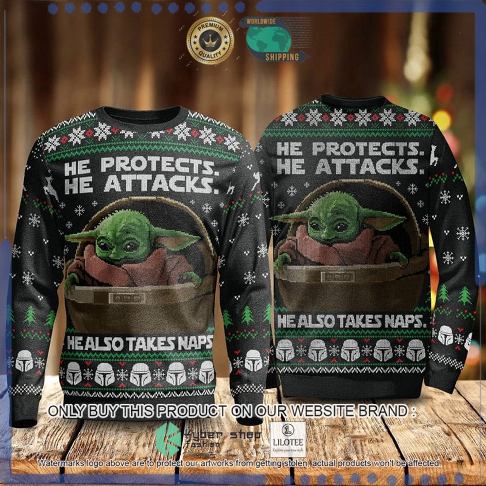 he protects he attacks baby yoda star wars christmas sweater 1 6858