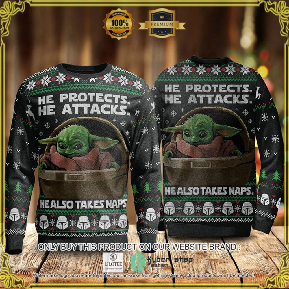 he protects he attacks baby yoda star wars christmas sweater 1 74849