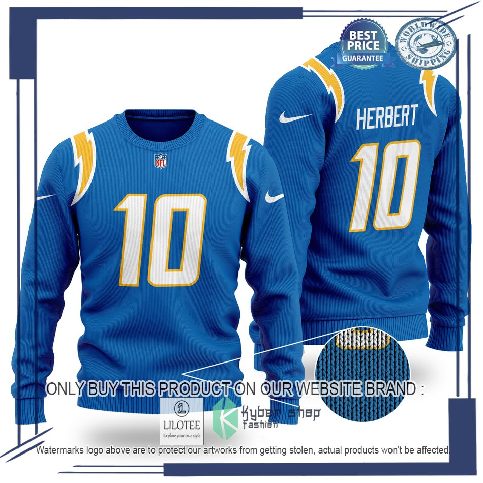 justin herbert 10 los angeles chargers nfl blue wool sweater 1 13432