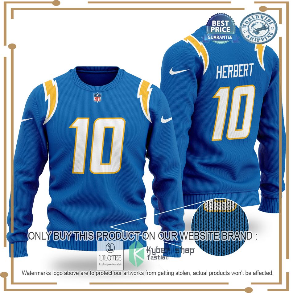 justin herbert 10 los angeles chargers nfl blue wool sweater 1 73912