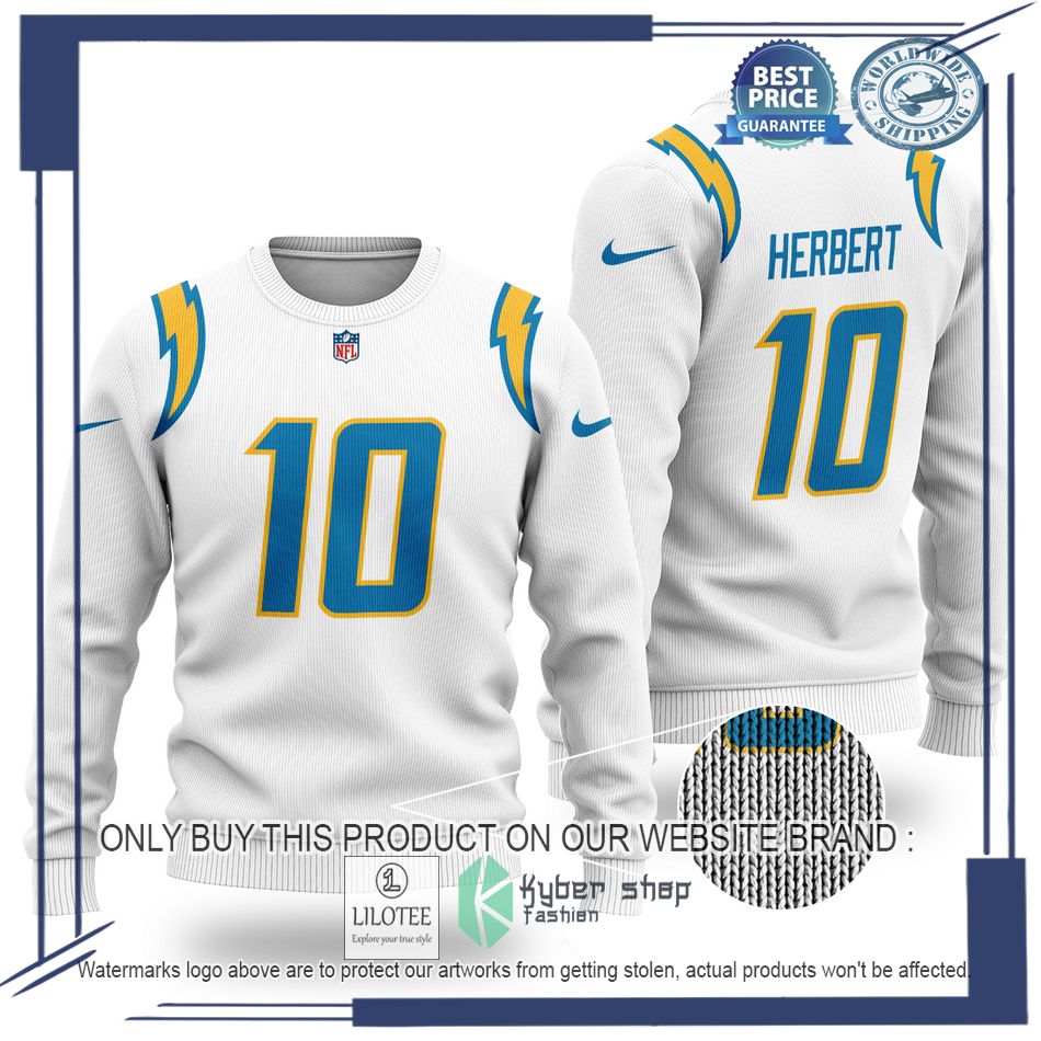 justin herbert 10 los angeles chargers nfl white wool sweater 1 41270