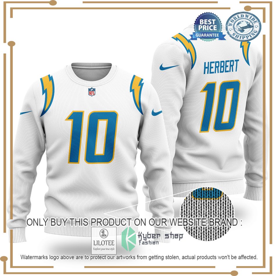 justin herbert 10 los angeles chargers nfl white wool sweater 1 82282
