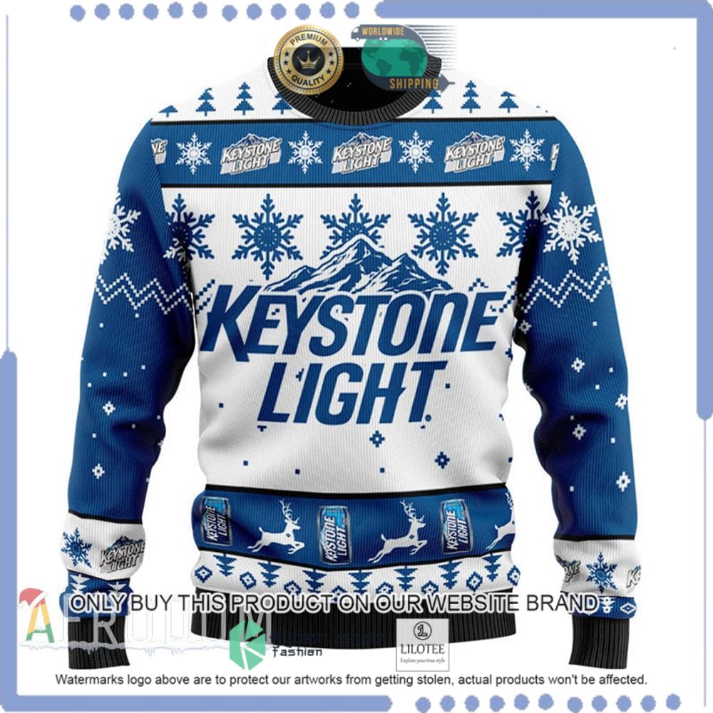 keystone light blue white christmas sweater 1 38175