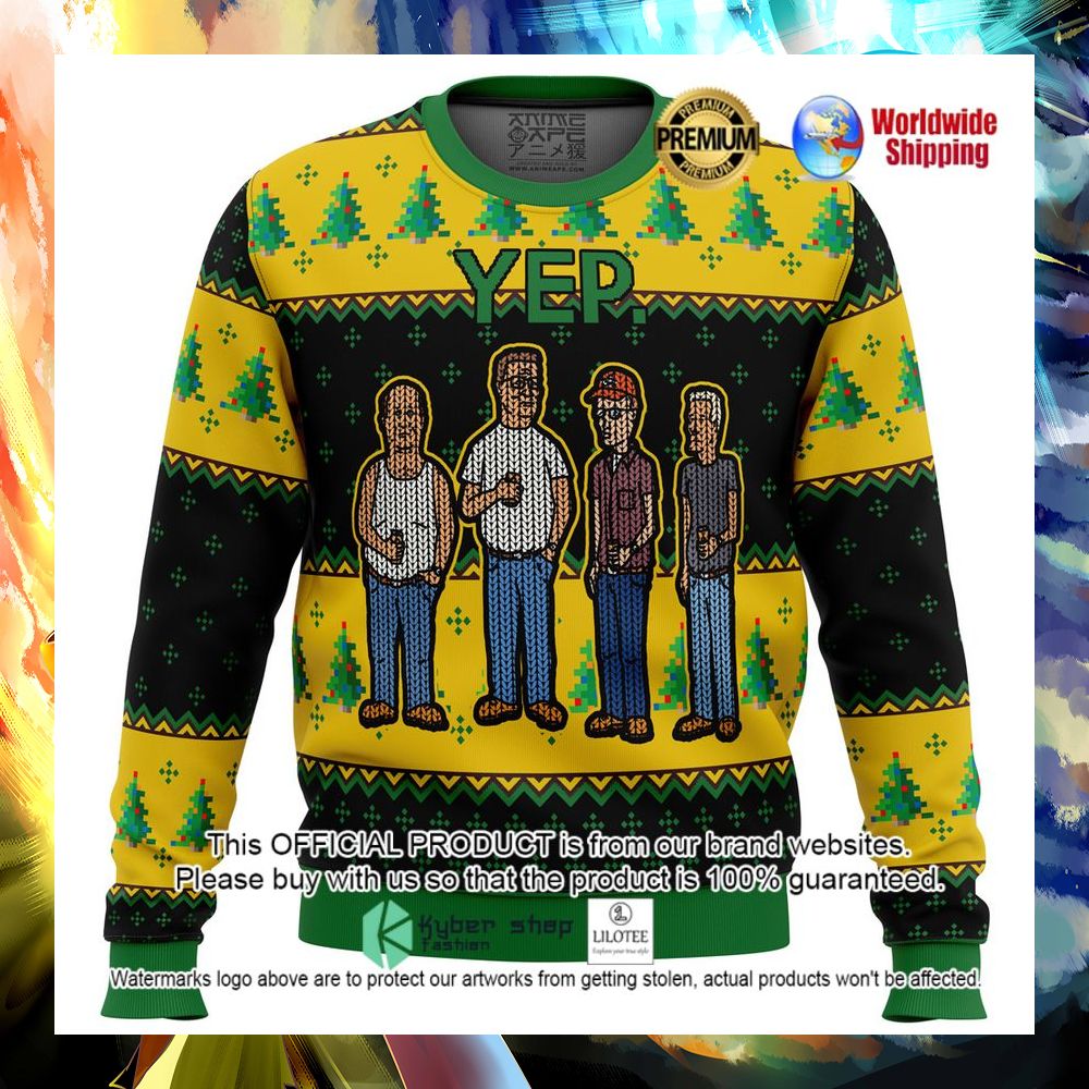 king of the hill yep yellow green christmas sweater 1 425