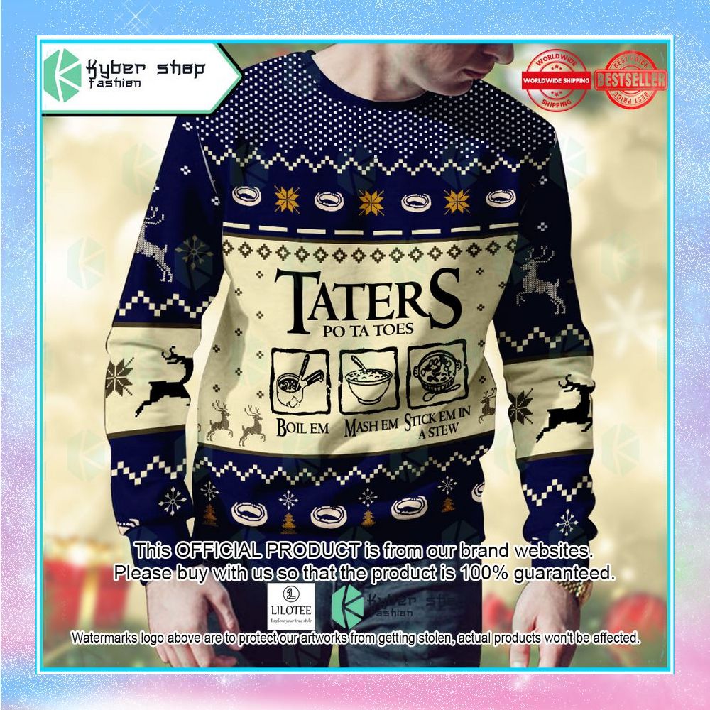 lord of the rings taters potatoes recipe blue christmas sweater 2 855