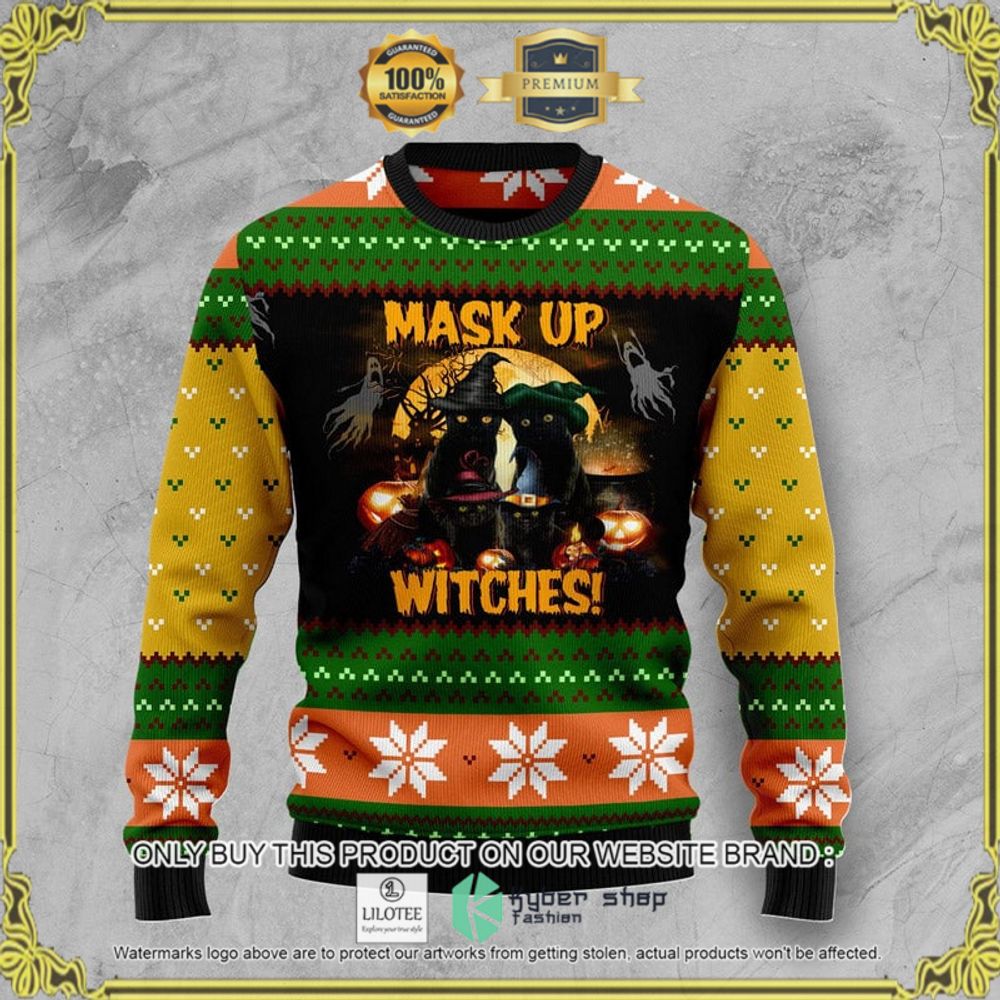 mask up witches black cat halloween christmas sweater 1 70131