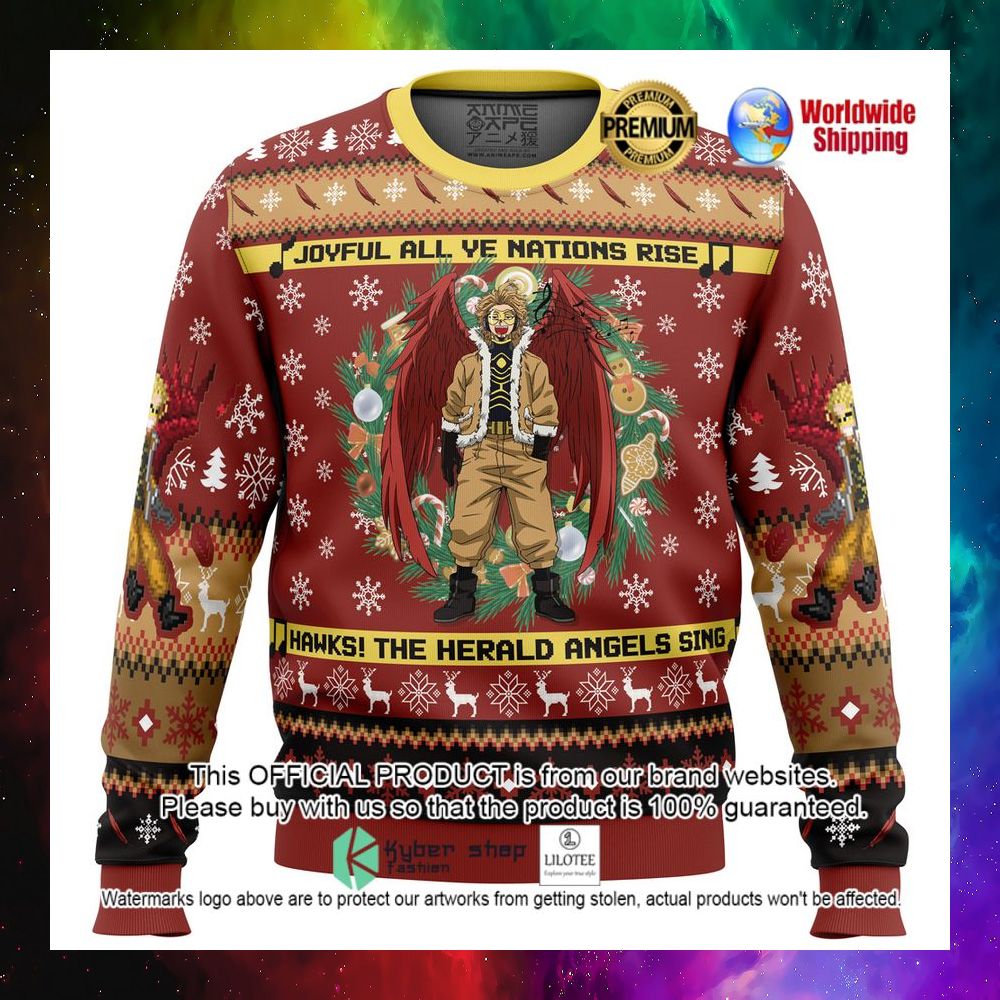 my hero academia hawks joyful all ye nations rise christmas sweater 1 550