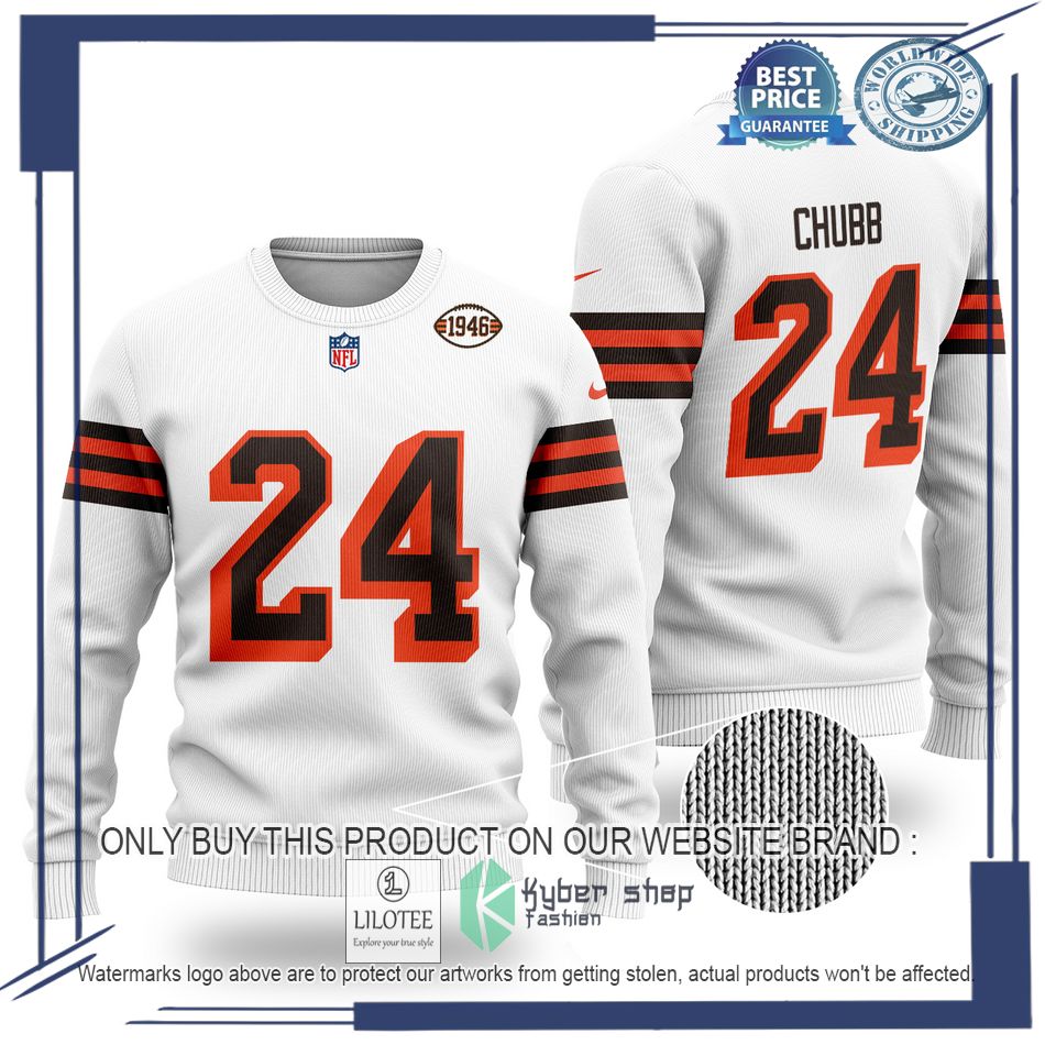 nick chubb 24 cleveland browns nfl white wool sweater 1 30533