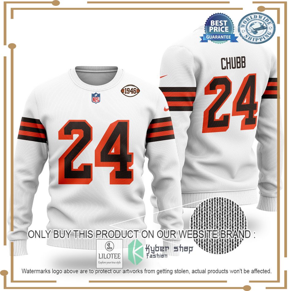 nick chubb 24 cleveland browns nfl white wool sweater 1 62124