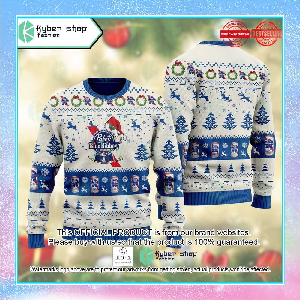 pabst blue ribbon logo santa hat christmas sweater 1 166