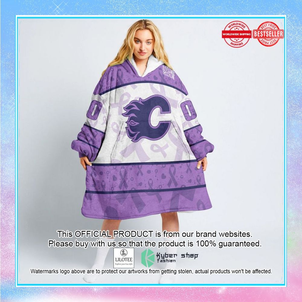 personalized nhl calgary flames special lavender fight cancer oodie blanket hoodie 1 349