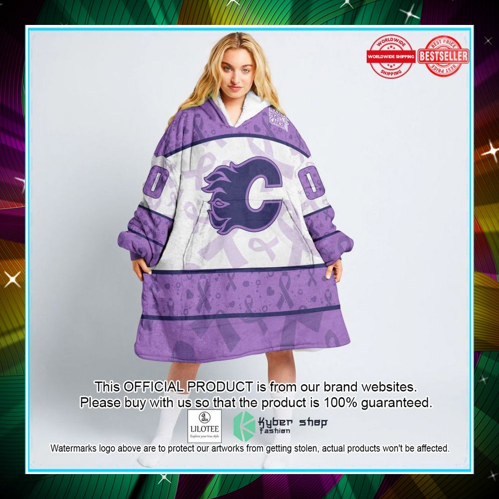 personalized nhl calgary flames special lavender fight cancer oodie blanket hoodie 1 687